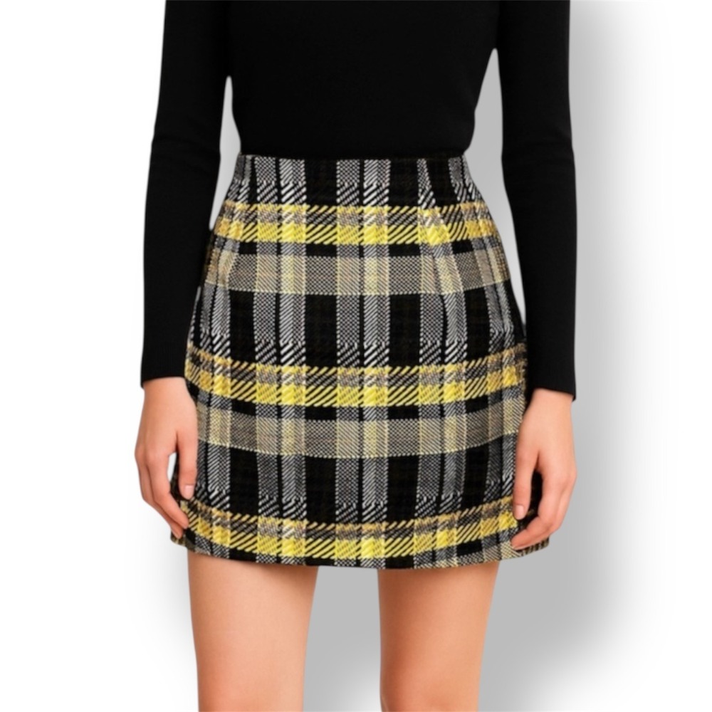 New Grey Lab Anthropologie S Black Yellow Plaid Tweed Mini Skirt Preppy Academia